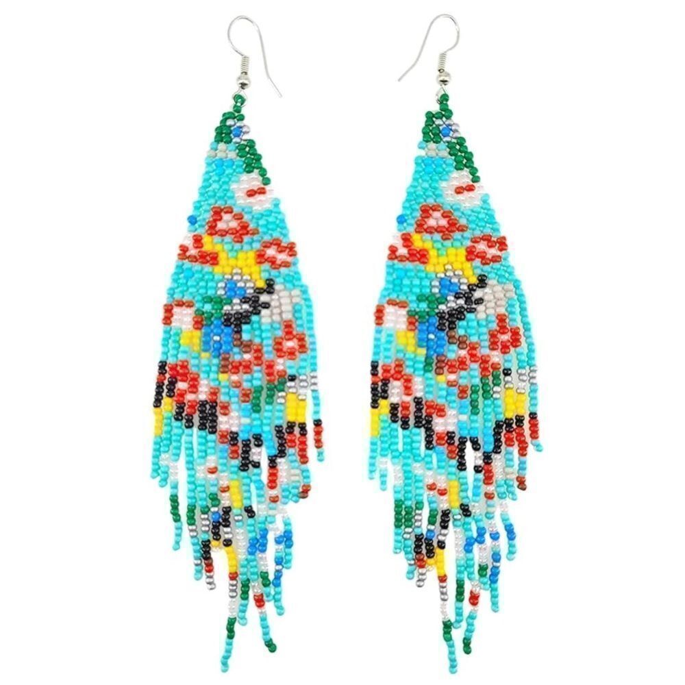 Flower Bohemian Seed Bead Tassel Dangling Statement French Wire Hook Earrings
